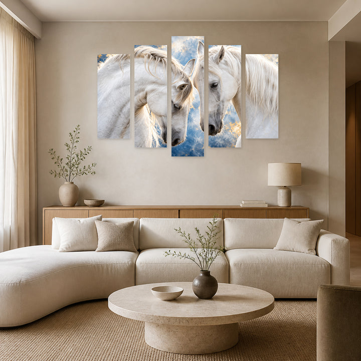 White Horses in Blue and Gold — five-panel wall art in alternate frontal interior | 5wallart 58214 M4