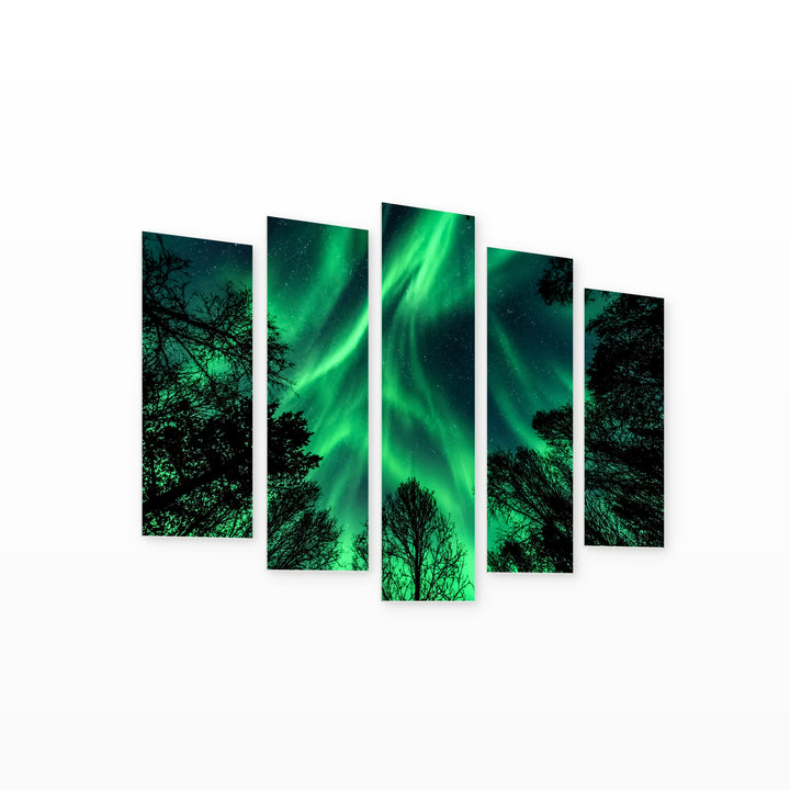 Northern Lights in Green Color with Geometric Rhythm — five-panel wall art on white background in perspective | 5wallart 58343 M1