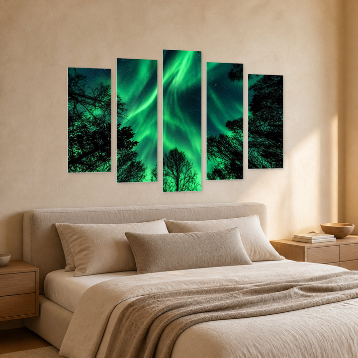 Northern Lights in Green Color with Geometric Rhythm — five-panel wall art in perspective interior | 5wallart 58343 M2