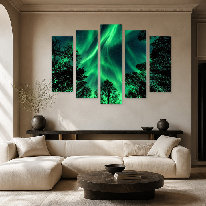 Northern Lights in Green Color with Geometric Rhythm — five-panel wall art in frontal interior | 5wallart 58343 M3