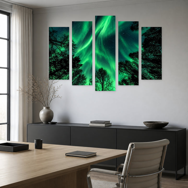 Northern Lights in Green Color with Geometric Rhythm — five-panel wall art in alternate frontal interior | 5wallart 58343 M4