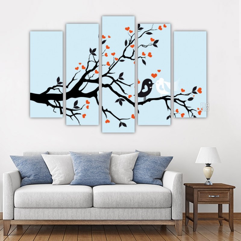 Illustration of Loving Birds – five-piece modular wall art