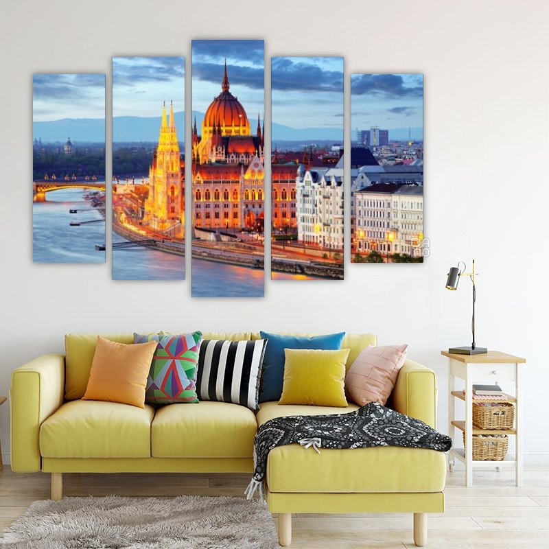Beautiful View of the Parliament in Budapest – five-piece modular wall art