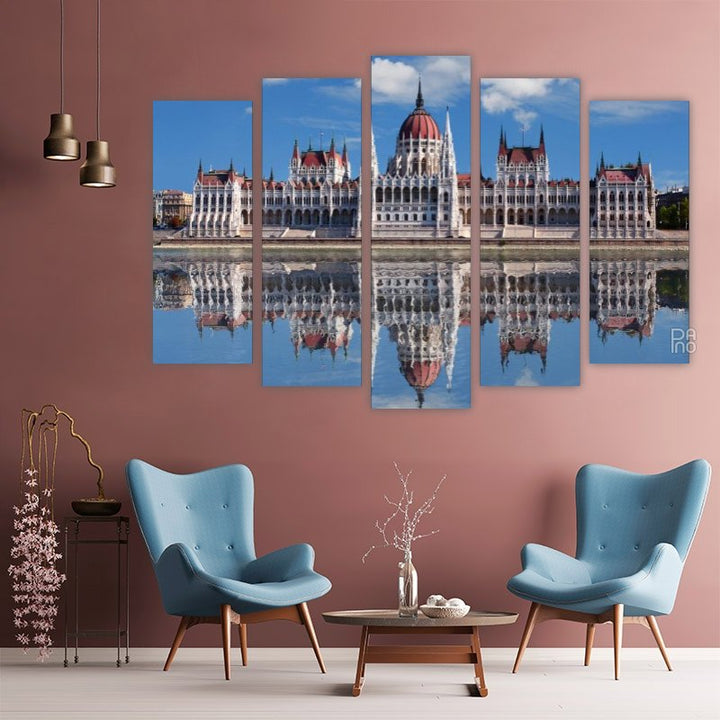 Beautiful Reflection of the Hungarian Parliament – five-piece modular wall art