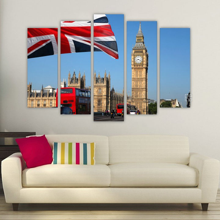 Red Double-Decker Buses in Front of Big Ben – five-piece modular wall art