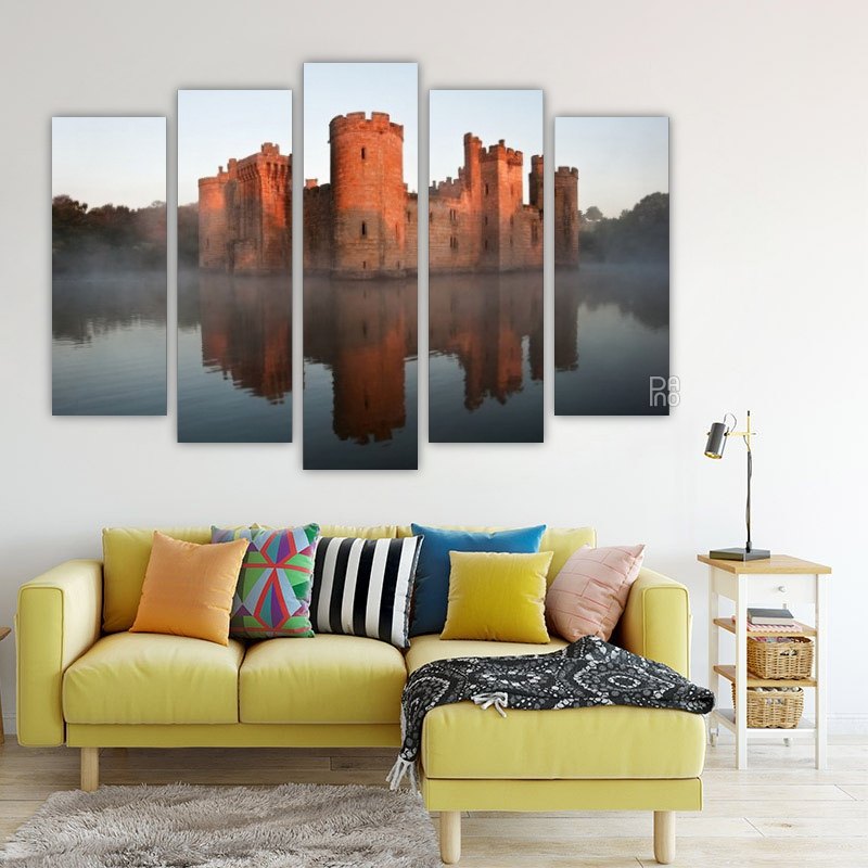 Stunning Castle at Autumn Sunrise with Fog – five-piece modular wall art