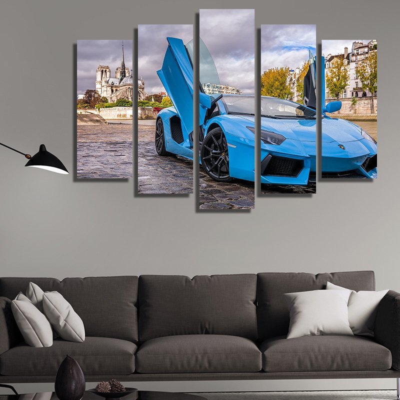 Lamborghini Aventador Sky Blue – five-piece modular wall art