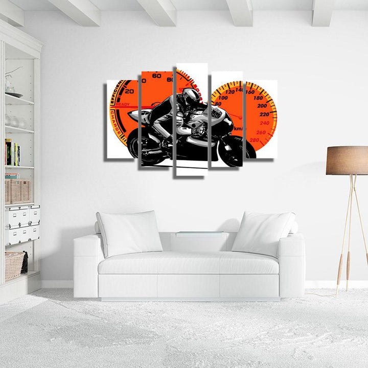 Racing Motorcycle and Tachometer – five-piece modular wall art
