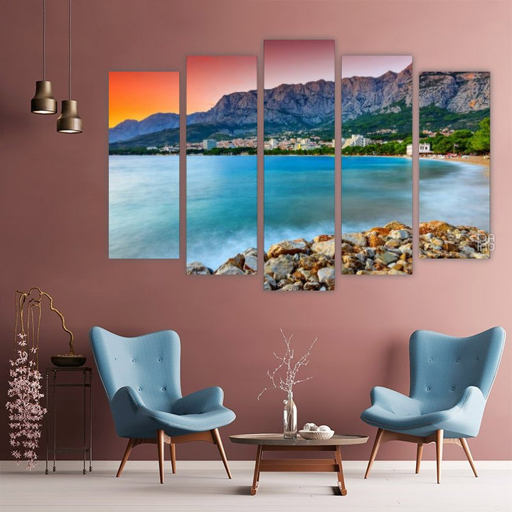 Famous Croatian Riviera at Sunset – five-piece modular wall art