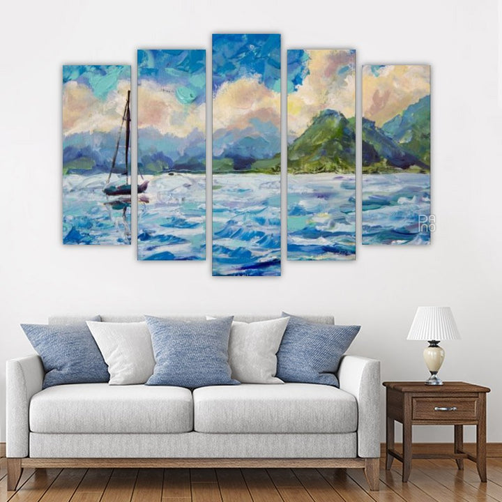 Painting of a seascape Boat, yacht, sailboat in blue turquoise water lake on an ocean river against beautiful green mountains. Warm fluffy clouds and blue sky. Oil painting and palette knitting – five-piece modular wall art