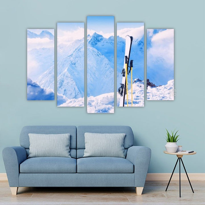 Winter Mountains and Ski Gear in Snow – five-piece modular wall art