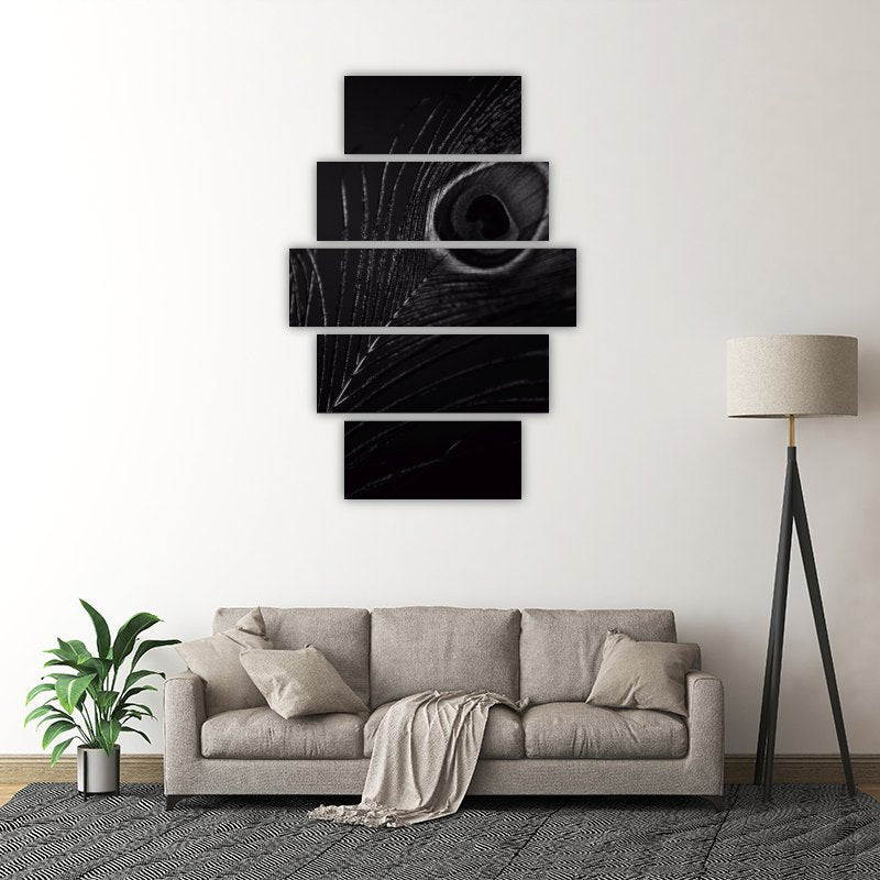 Black Peacock Feather – five-piece modular wall art