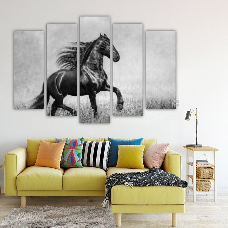 The Black Friesian Stallion in the Autumn Foggy Field – five-piece modular wall art