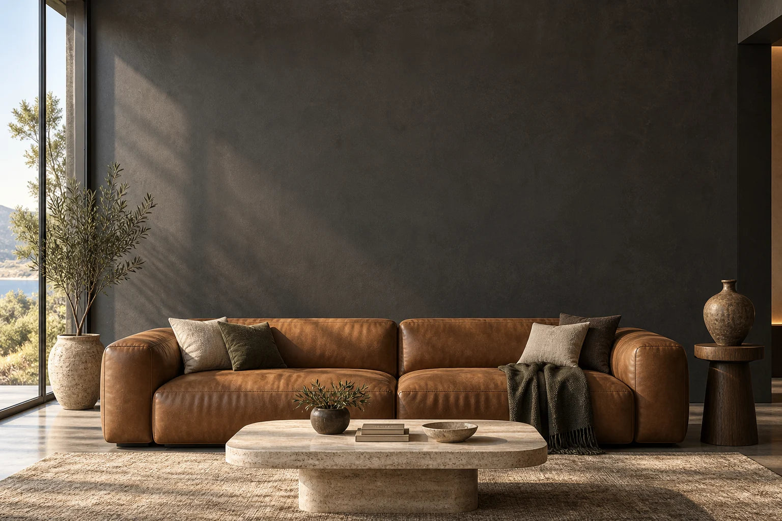A contemporary living room with a cognac sofa and graphite wall